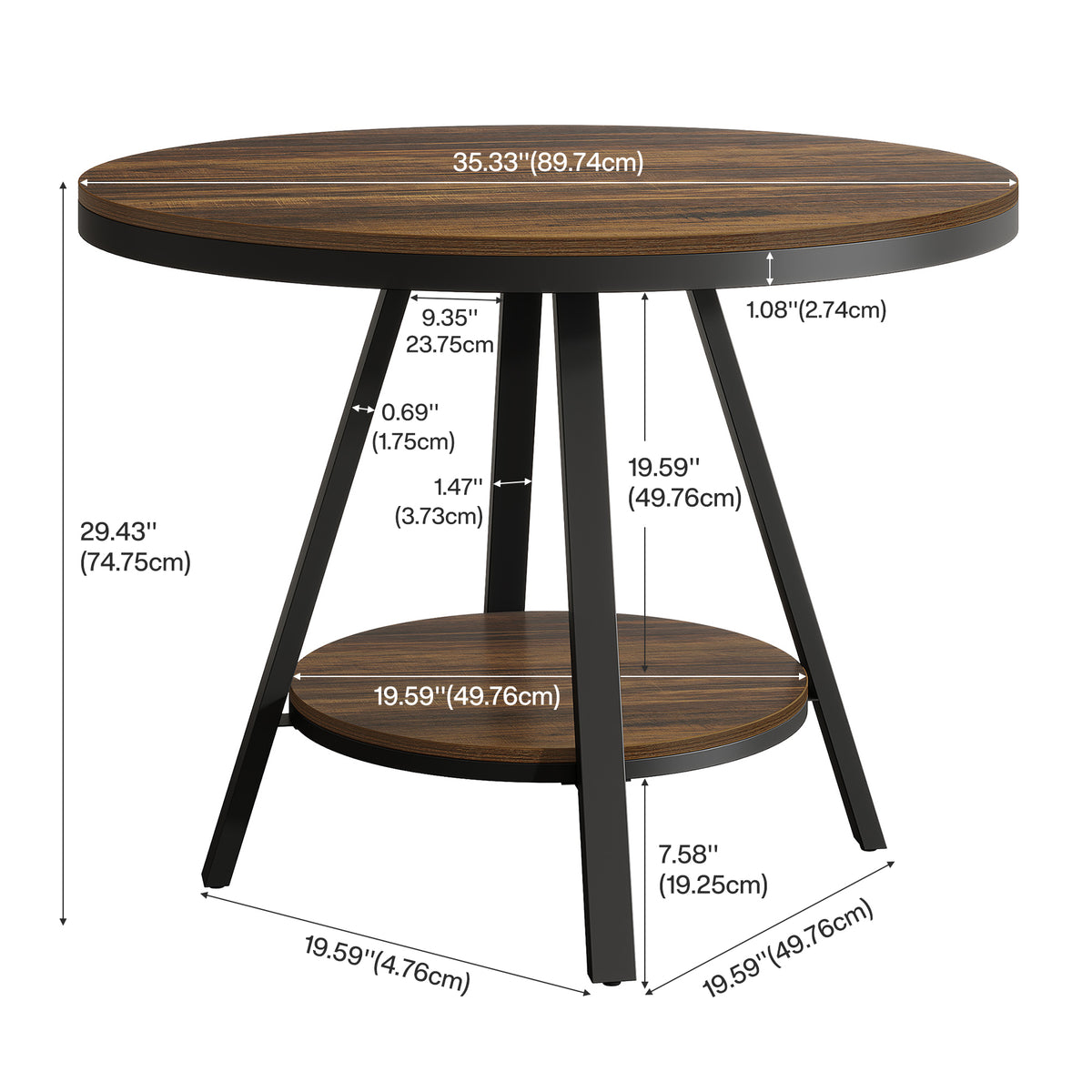 90cm Round Dining Table, 4-Seater Country Metal Legs for Kitchen Living Room