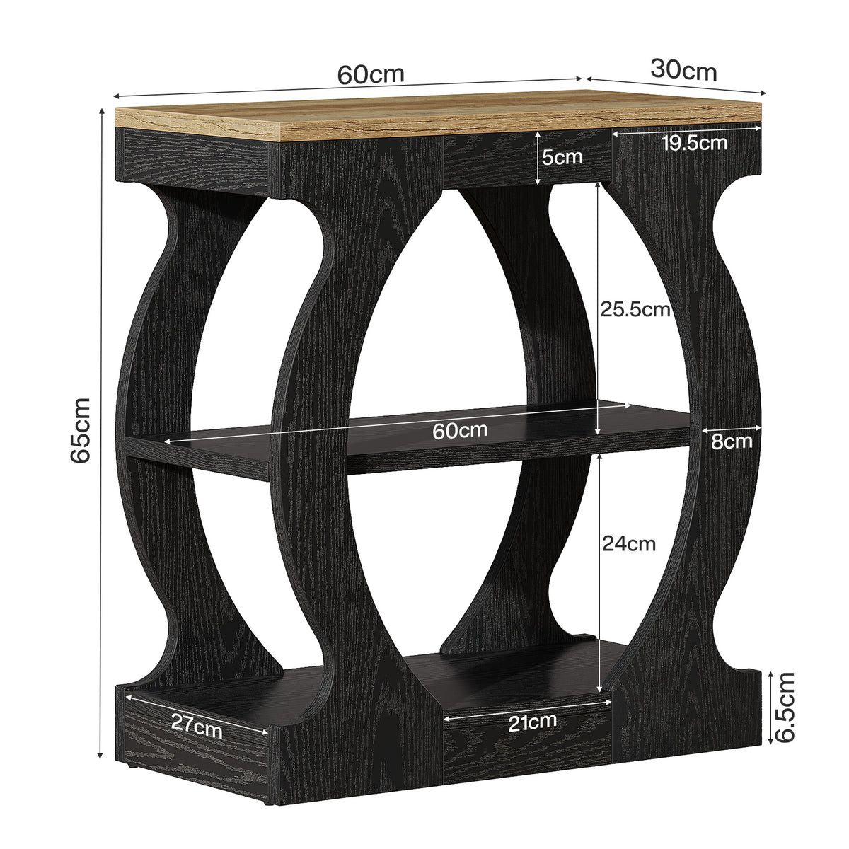 50cm Narrow Side Table, 3-Tier Wooden Nightstand with Curved Frame