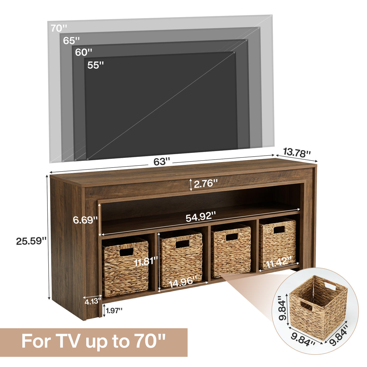160cm Farmhouse TV Stand, Media Console with Baskets & Open Storage for 55-70" TVs