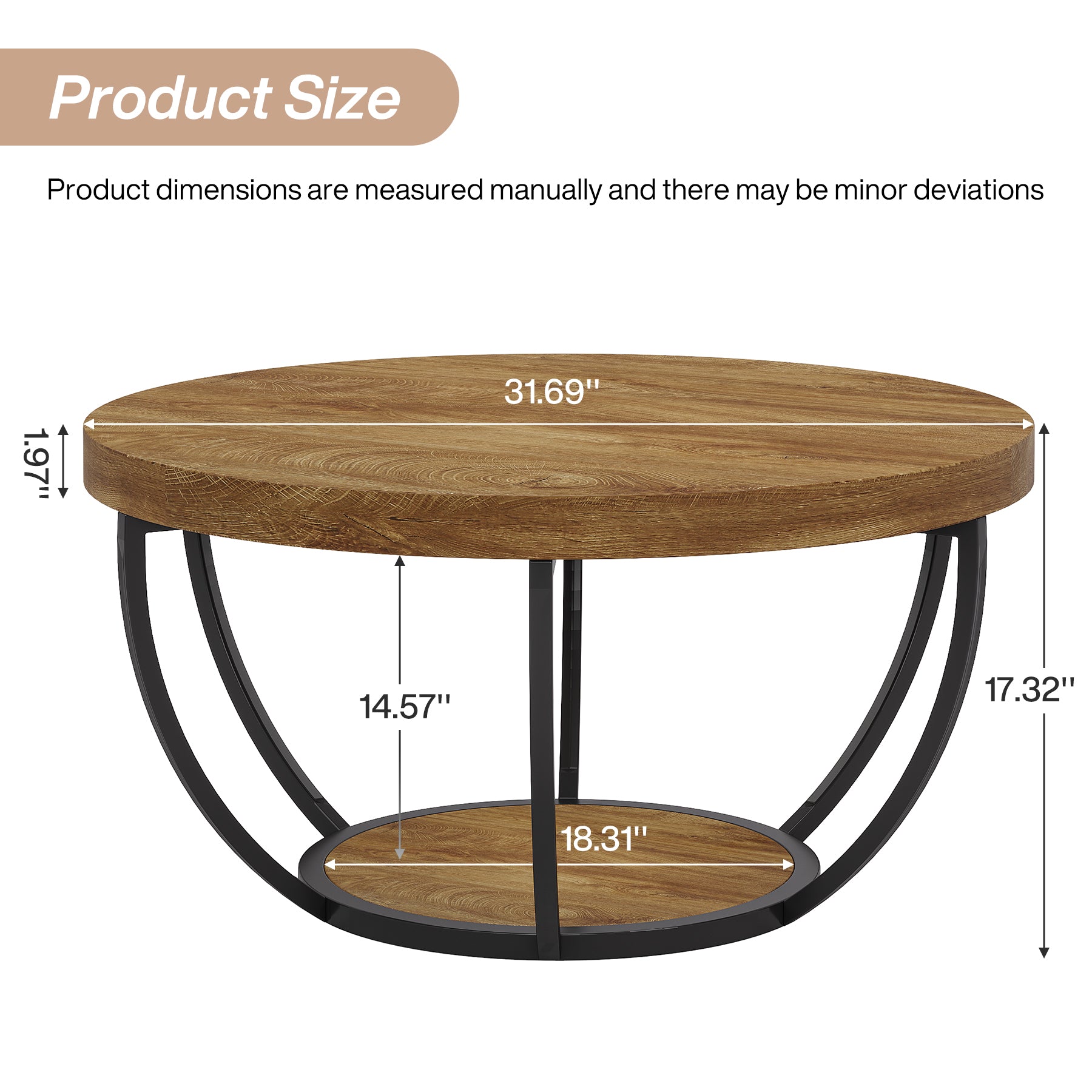 31.69" Round Wooden Coffee Table, 2-Tier Central Cocktail Table with Shelves