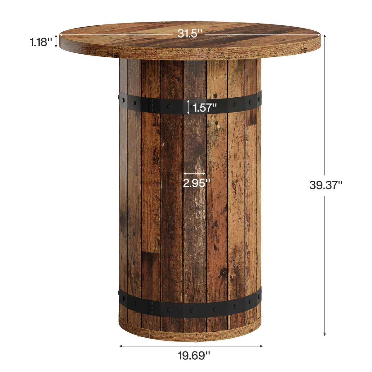 100cm Round Bar Table, Rustic Pub Table with Barrel Base for Kitchen Living Room