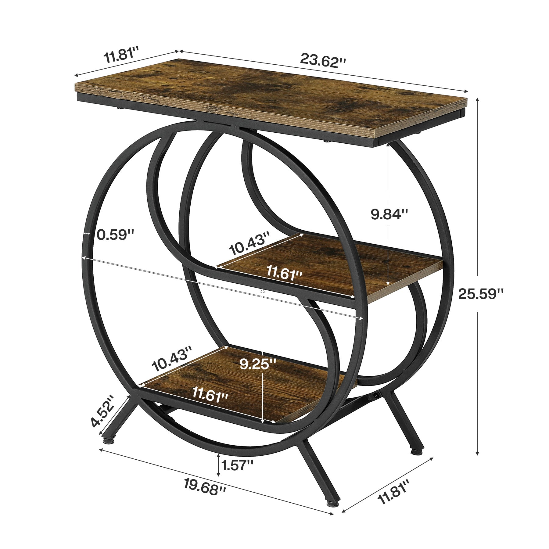 60cm Industrial 3-Tier End Table, Rustic Brown Rectangle Side Table