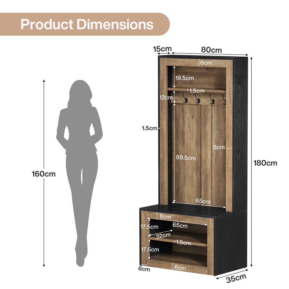 180cm Hall Tree, Farmhouse Coat Rack with Shoe Bench & 4 Hooks for Entryway