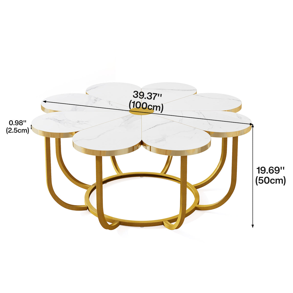 100cm White Coffee Table, with Gold Floral Legs and Faux Marble Top