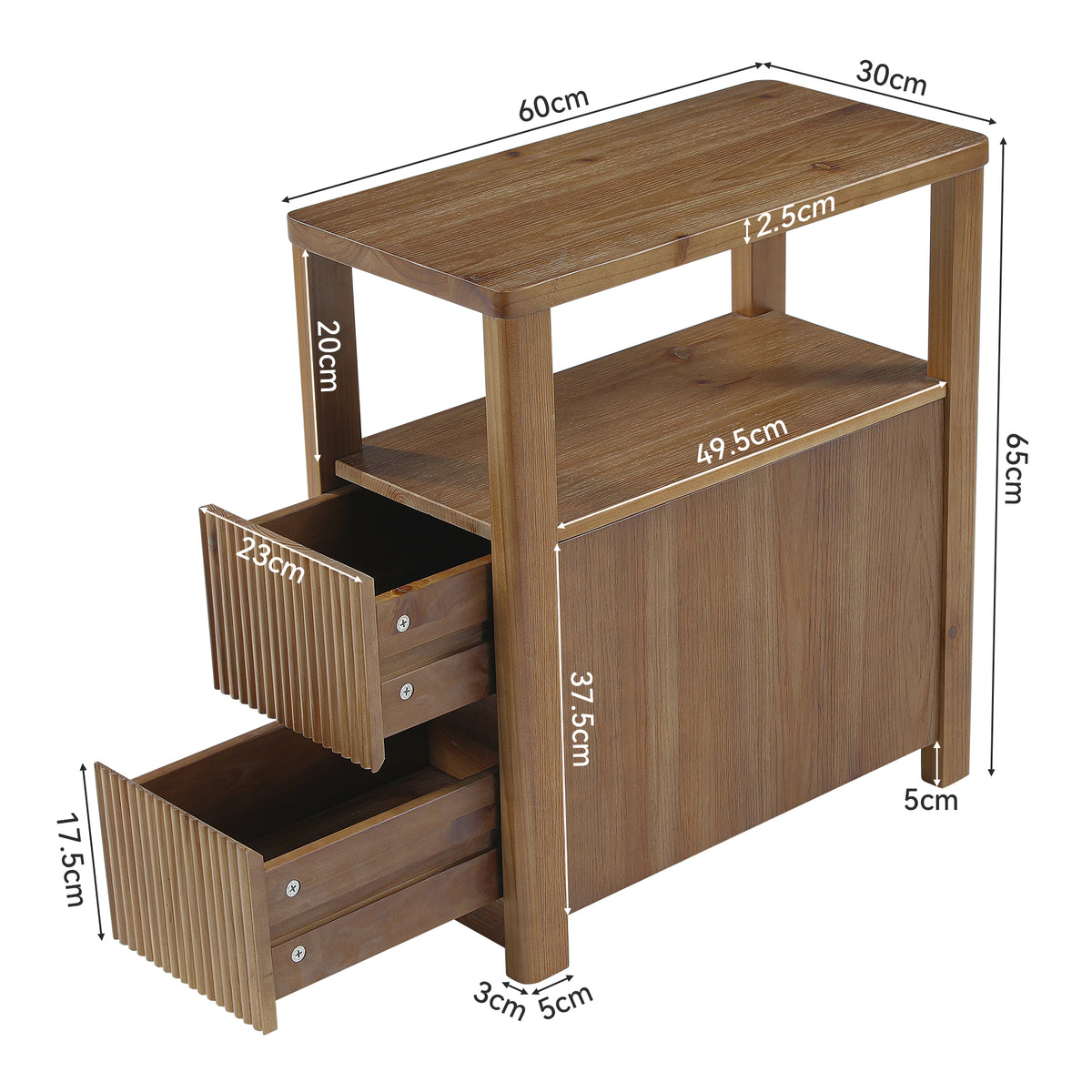 60cm End Table, Solid Wood 2-Drawer Narrow Nightstand for Living Room Bedroom
