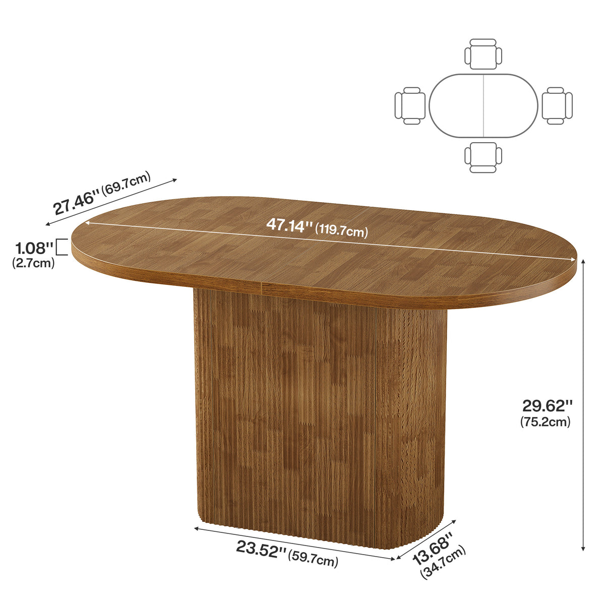 120cm Oval Dining Table, Rustic Wood Meeting Table for 4 with Polygonal Base