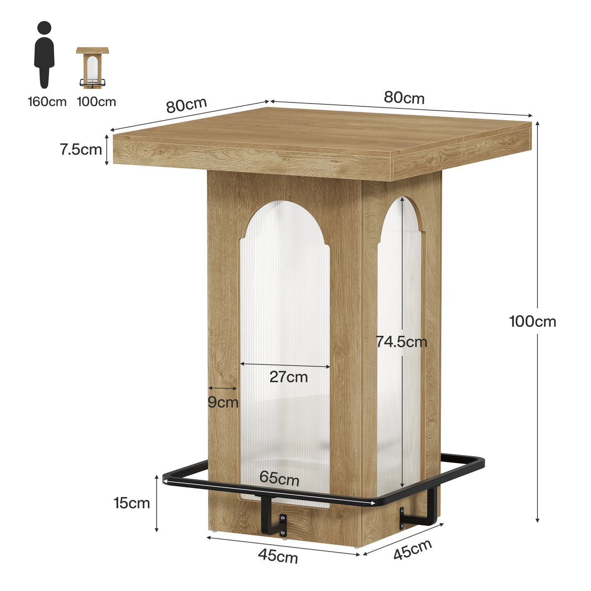 100cm Bar Table, Square High Top with RGB Light & Metal Footrest for Kitchen Home Bar