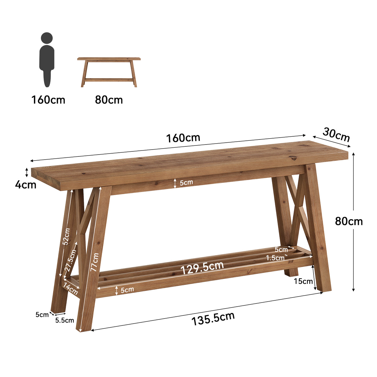 160cm Console Table, Solid Wood X-Brace 2-Tier Entryway Sofa Table with Storage