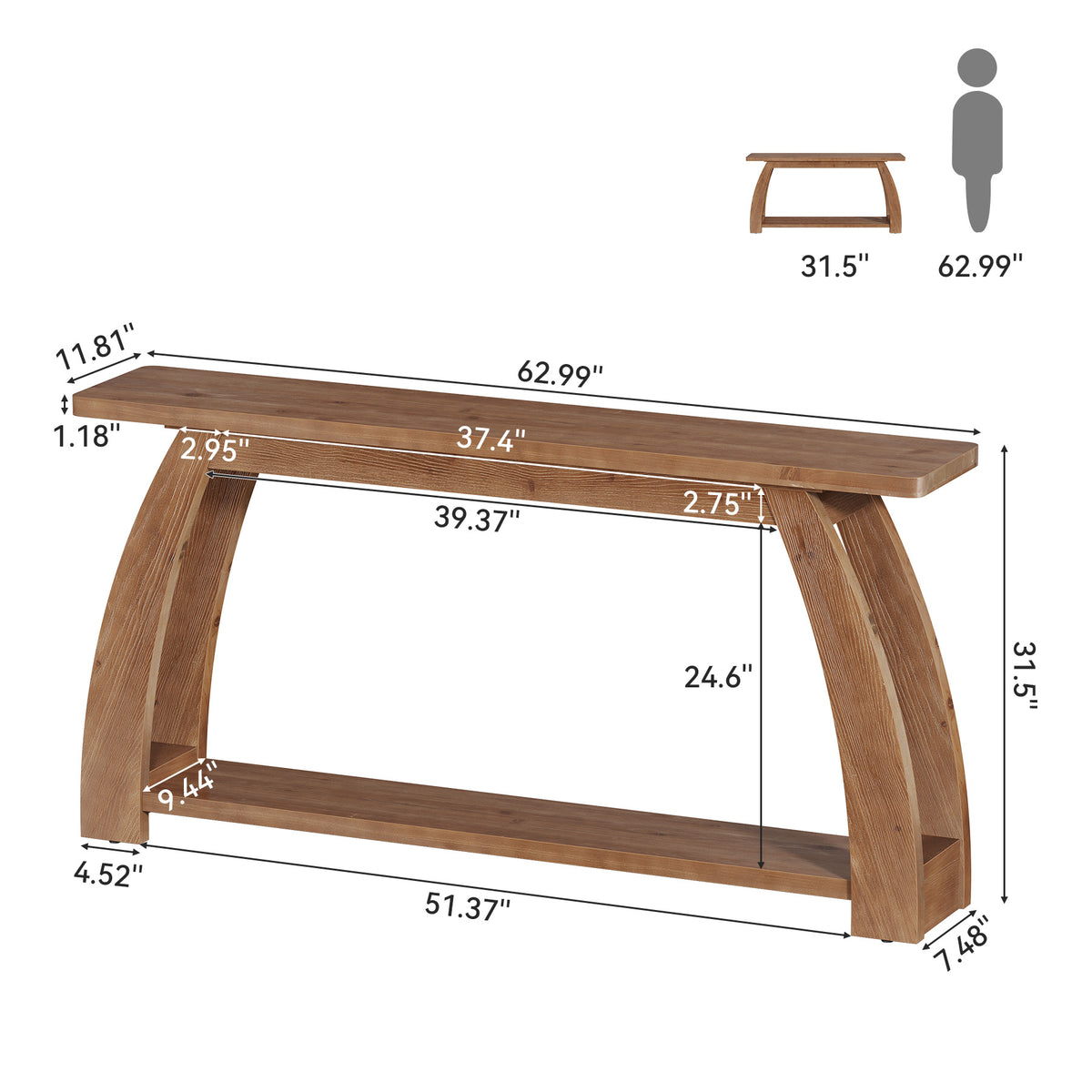 160cm Console Table, Solid Wood 2-Tier Arched Leg Entryway Table