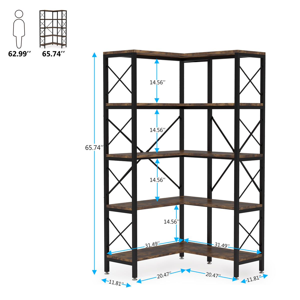 168cm Corner Bookshelf, 5-Tier Industrial Open Storage Rack