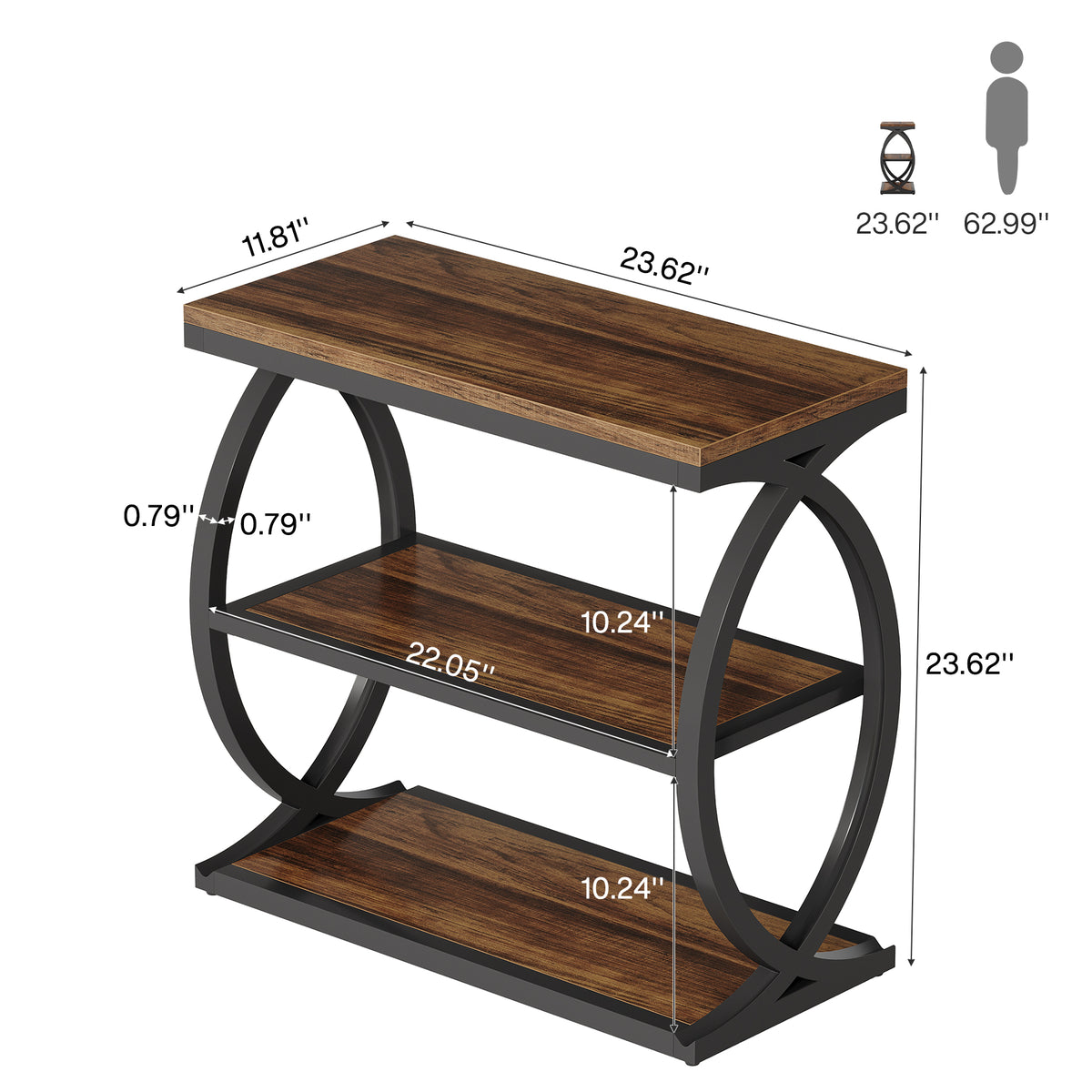 60cm Narrow Side Table, 3-Tier Industrial Wooden Nightstand for Small Spaces