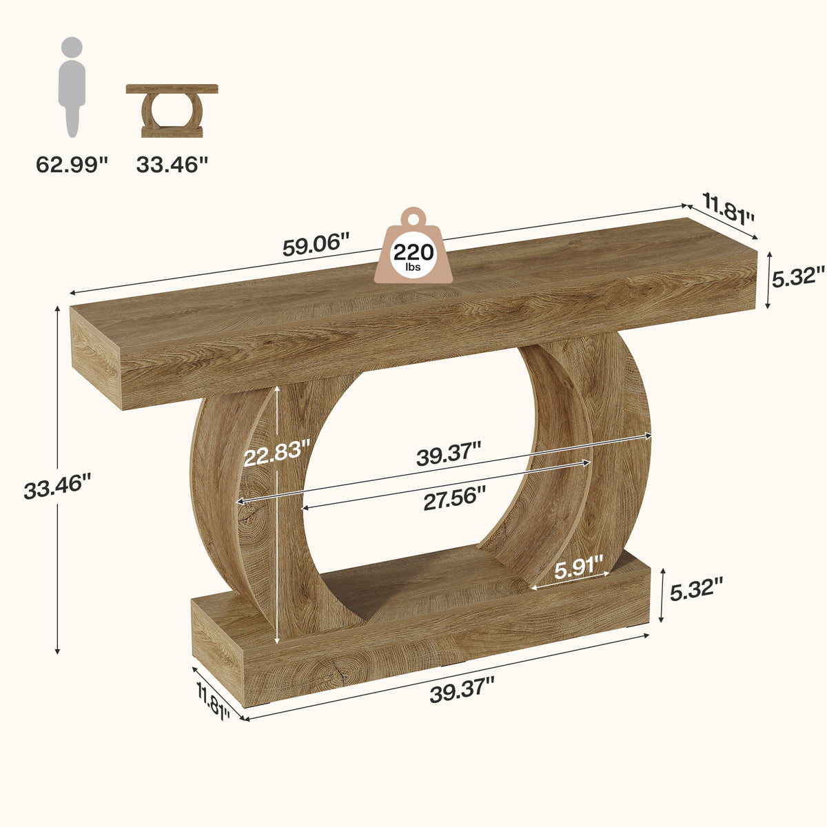 Rustic console table, 150 x 30 x 85 cm, with an open, round base,narrow two-tier hall table for hallways and living rooms
