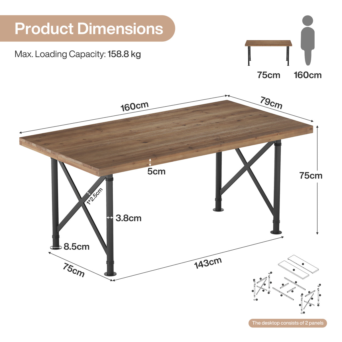 160cm Dining Table, Solid Wood 4-6 Seater with X-Frame Metal Legs