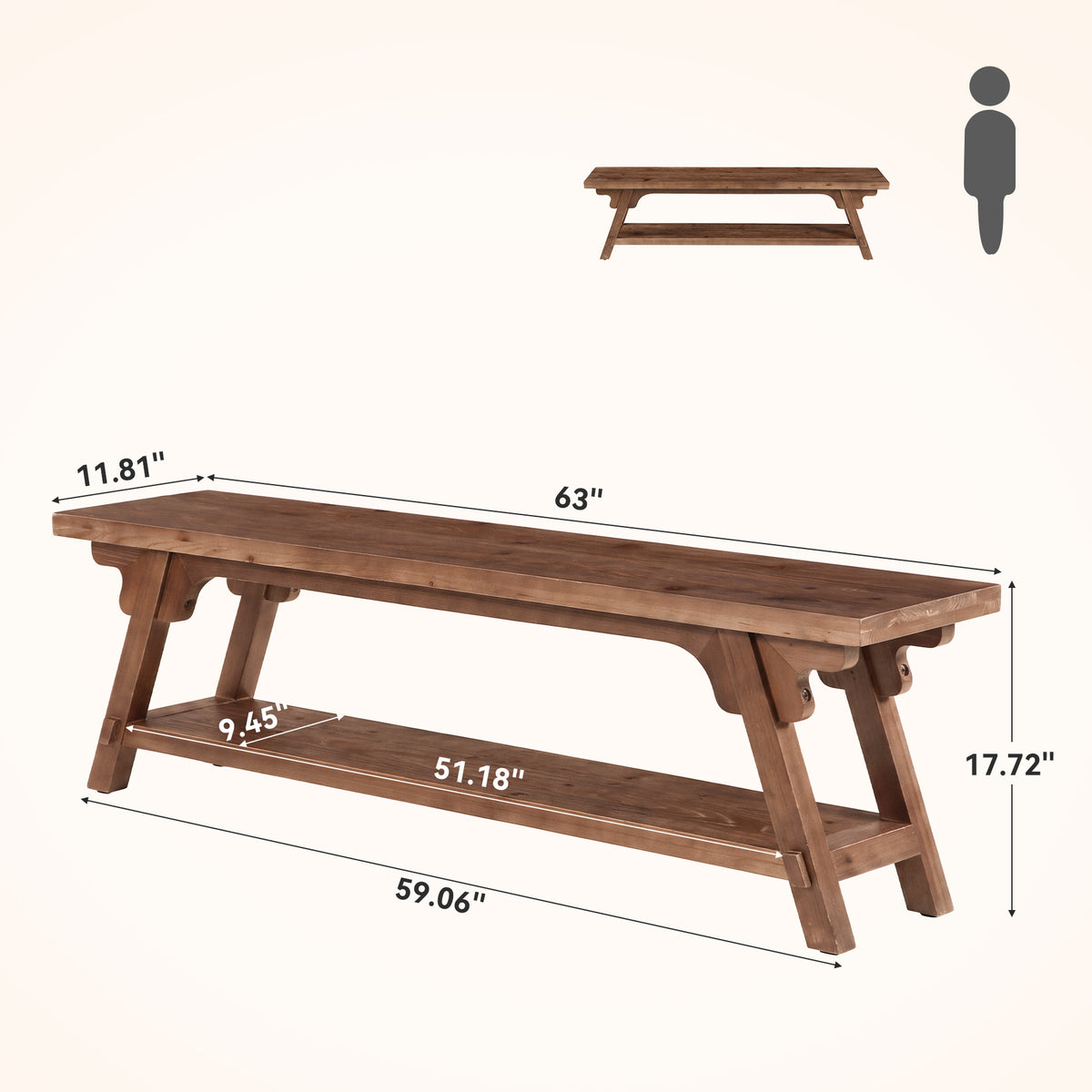 160cm Entryway Bench, Solid Wood 2-Tier End of Bed Bench