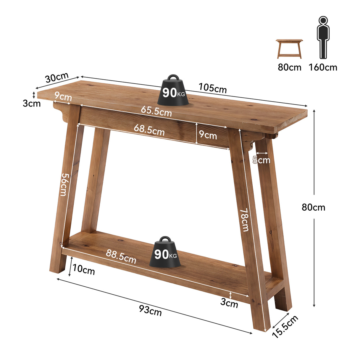 105cm Console Table, 2-Tier Solid Wood Farmhouse Entryway Table with A-Frame