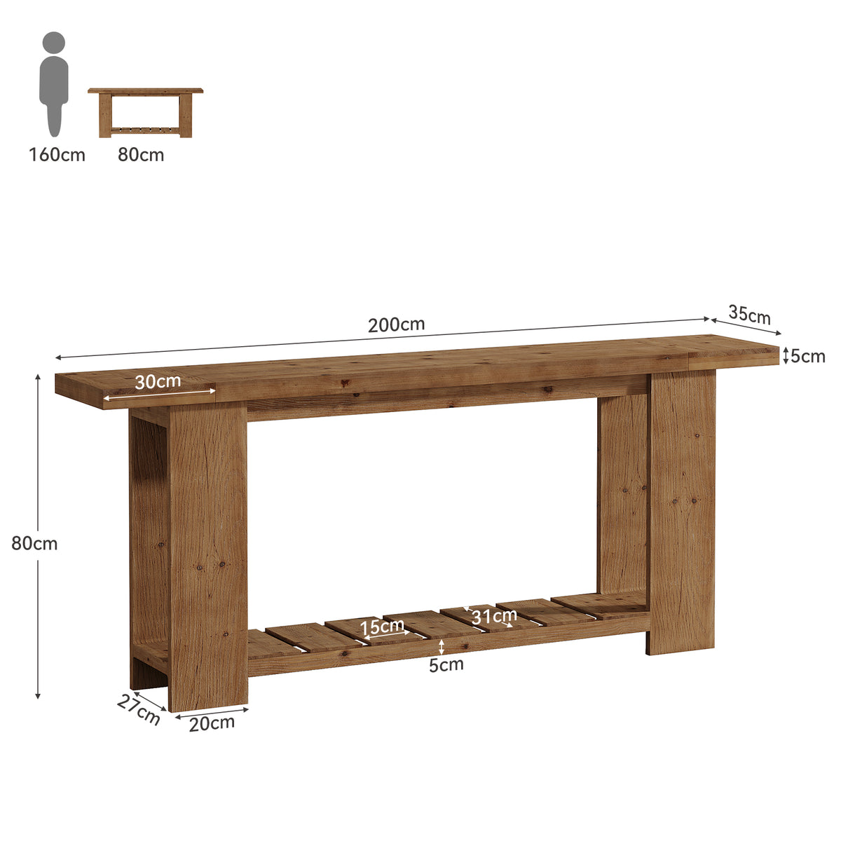 200cm Console Table, Solid Wood Farmhouse Sofa Entryway Table with 2-Tier Storage