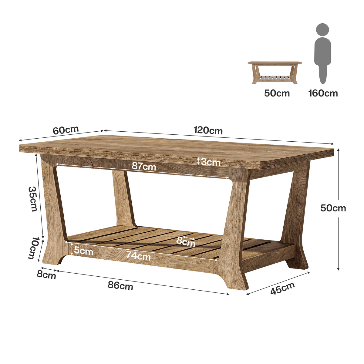 120cm Rectangle Coffee Table, Farmhouse Centre Table with Shelves for Living Room