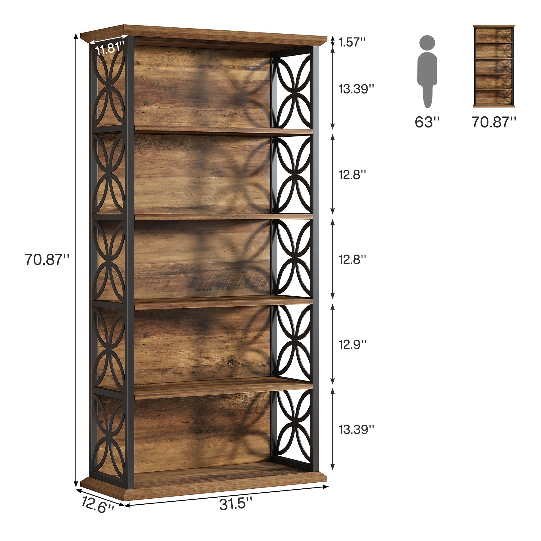 71" 6-Tier Bookshelf, Open Storage Bookcase with Metal Frame for Office