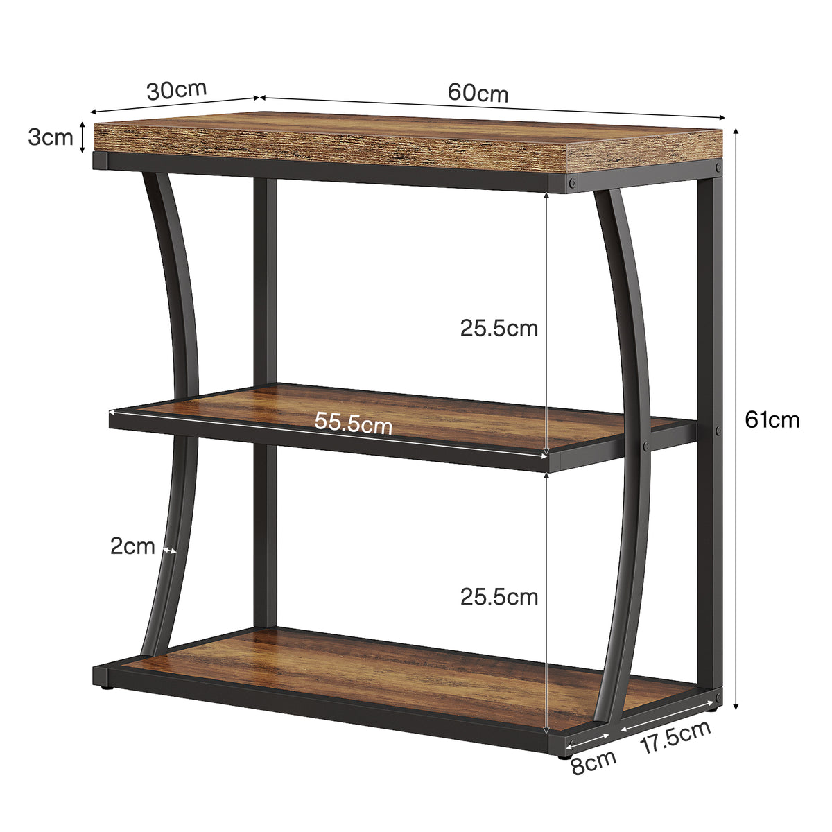 60cm Narrow Side Table, 3-Tier Rustic Metal Frame Shelf for Living Room Small Spaces