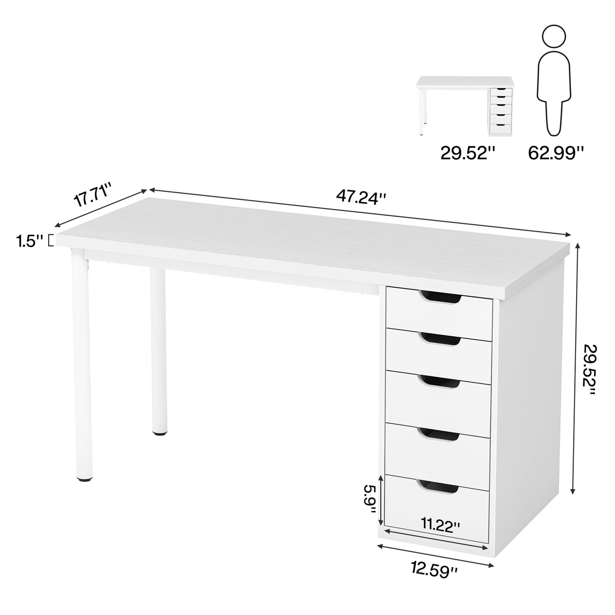 120cm Computer Desk, 5-Drawer Modern Study Table Writing Desk