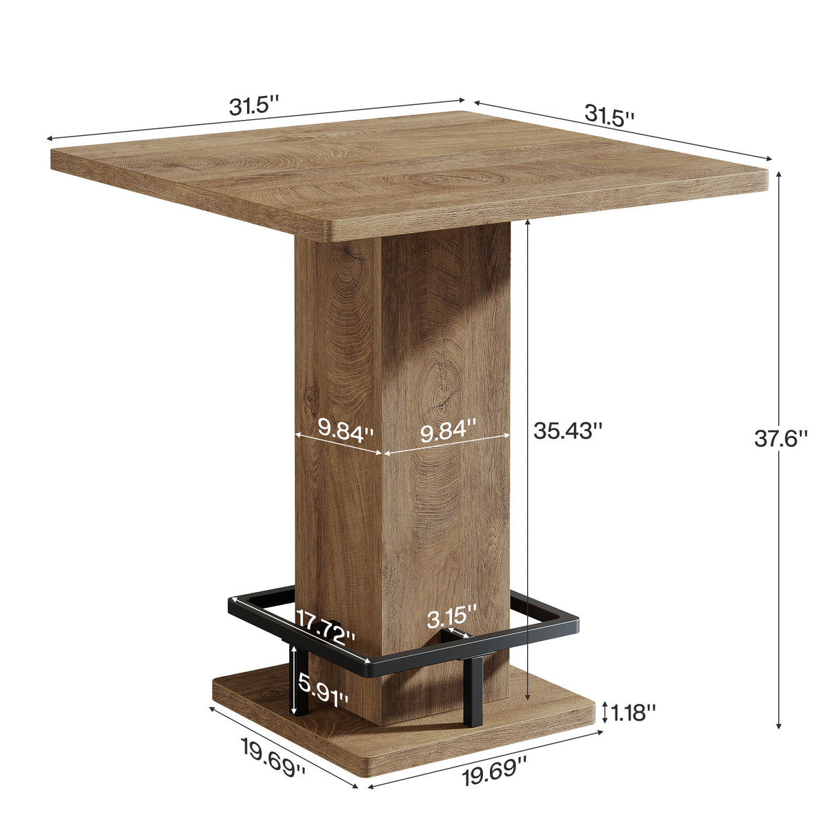 80cm Square Bar Table, Pedestal Base with Built-In Footrest for Home Bar