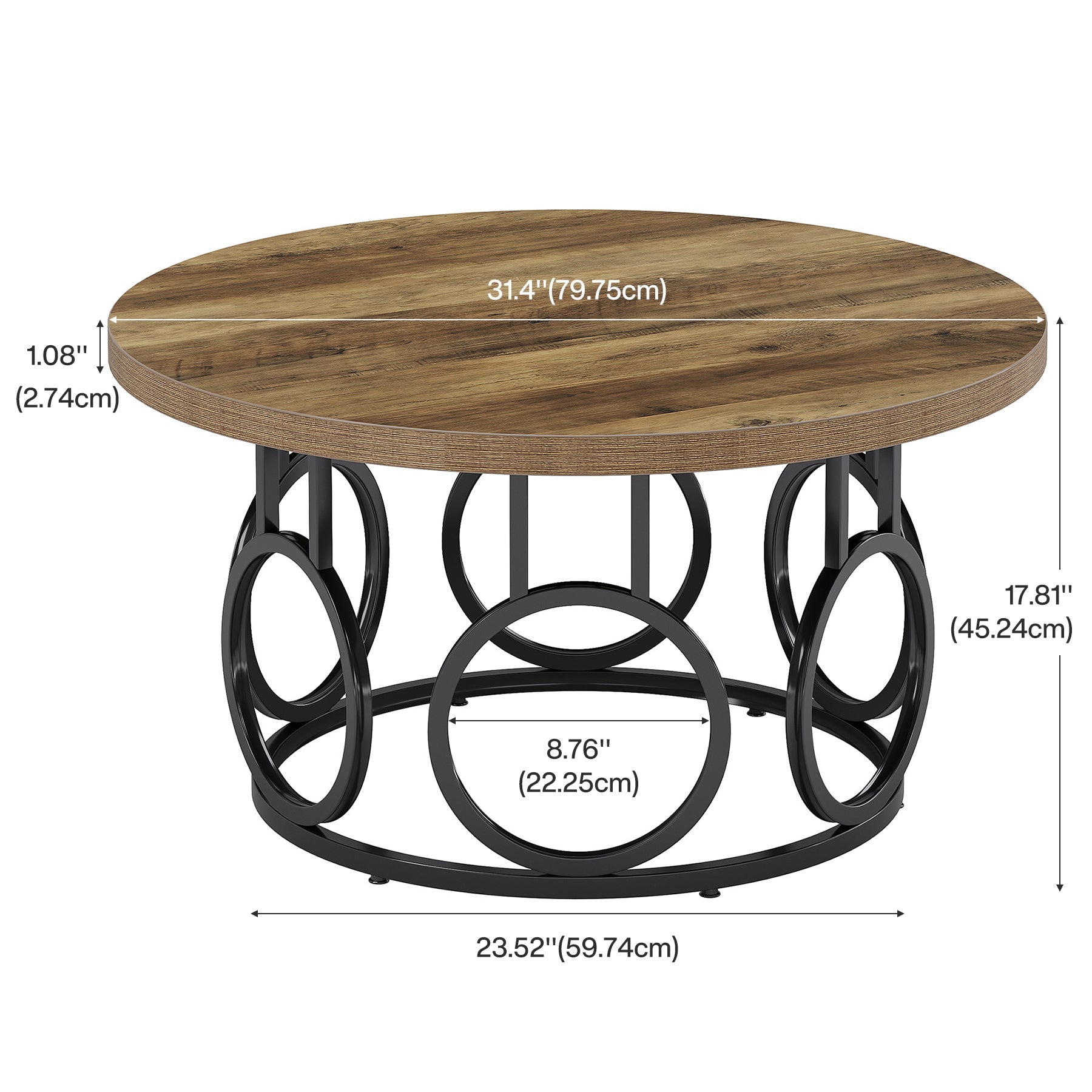 31.5" Round Coffee Table, Rustic Wood Grain and Metal Base with Industrial Design