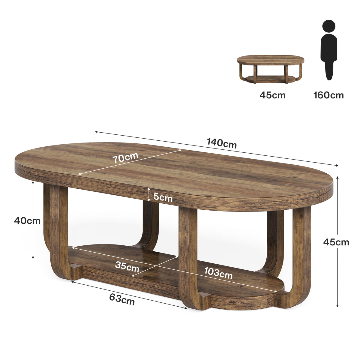 140cm Oval Coffee Table, 2-Tier Storage with Curved Leg Design for Living Room