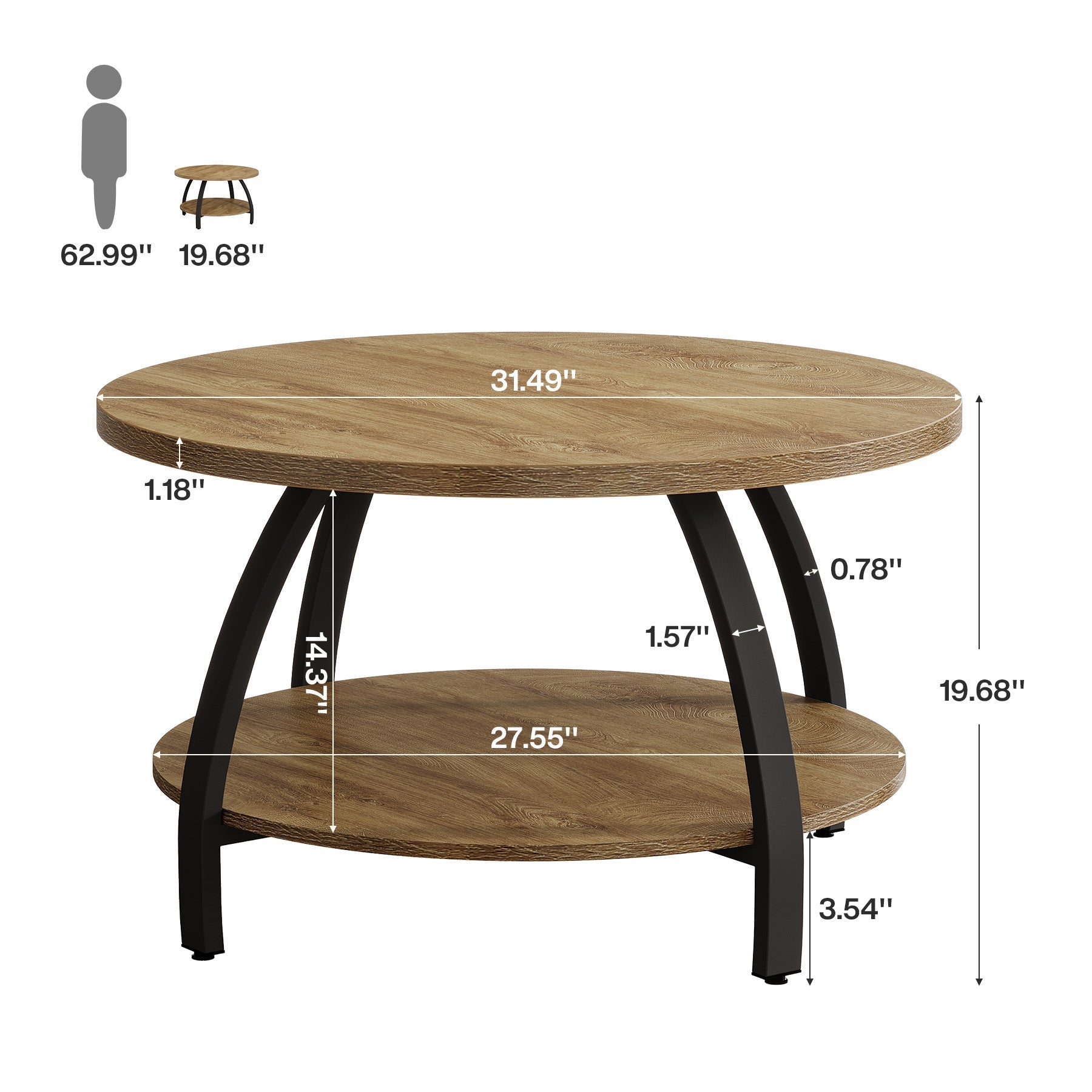 80cm Round Coffee Table, Center Cocktail Table with 2-Tier Storage Shelves
