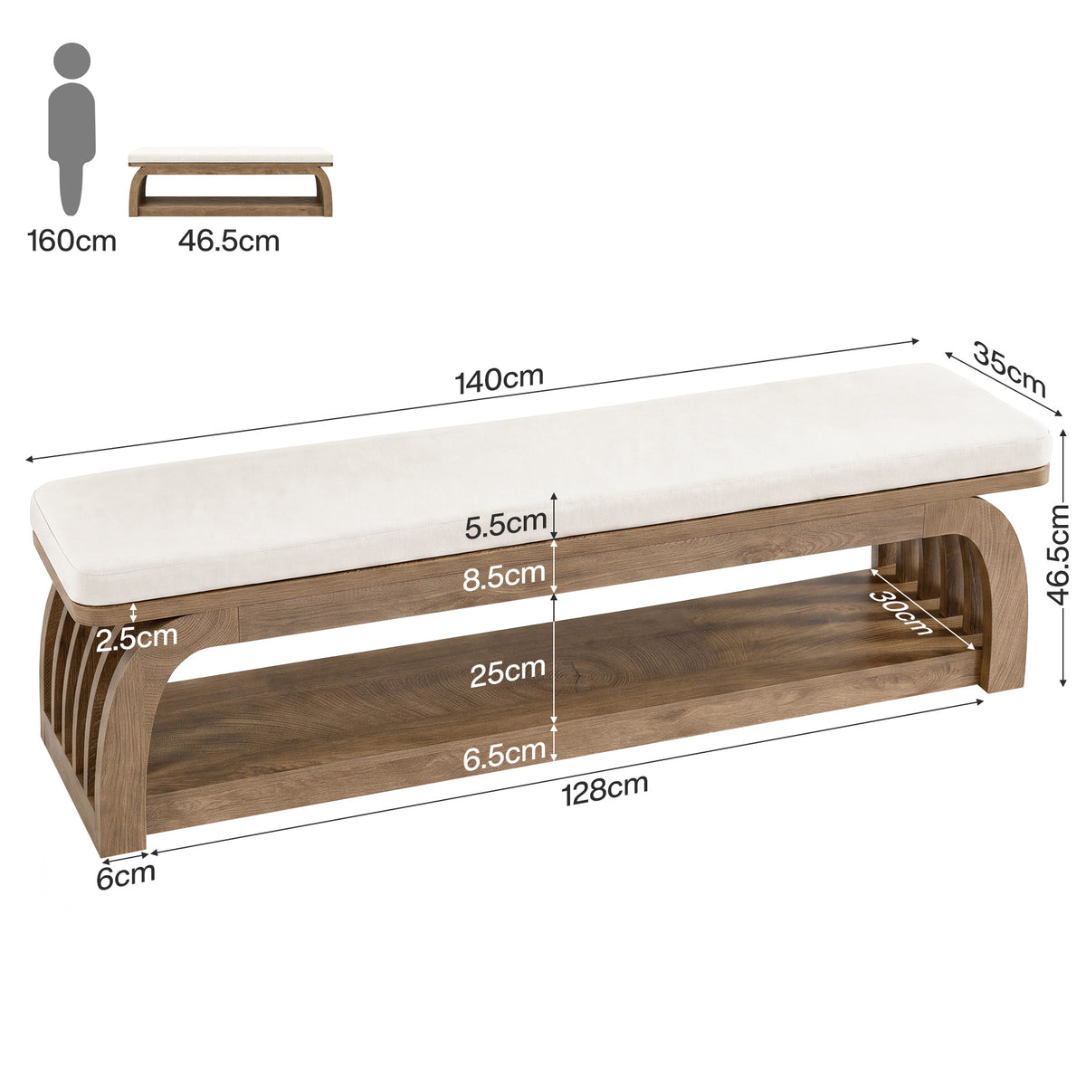 140cm Dining Bench, Upholstered 2-Tier Farmhouse Kitchen Bench with Hollow Legs