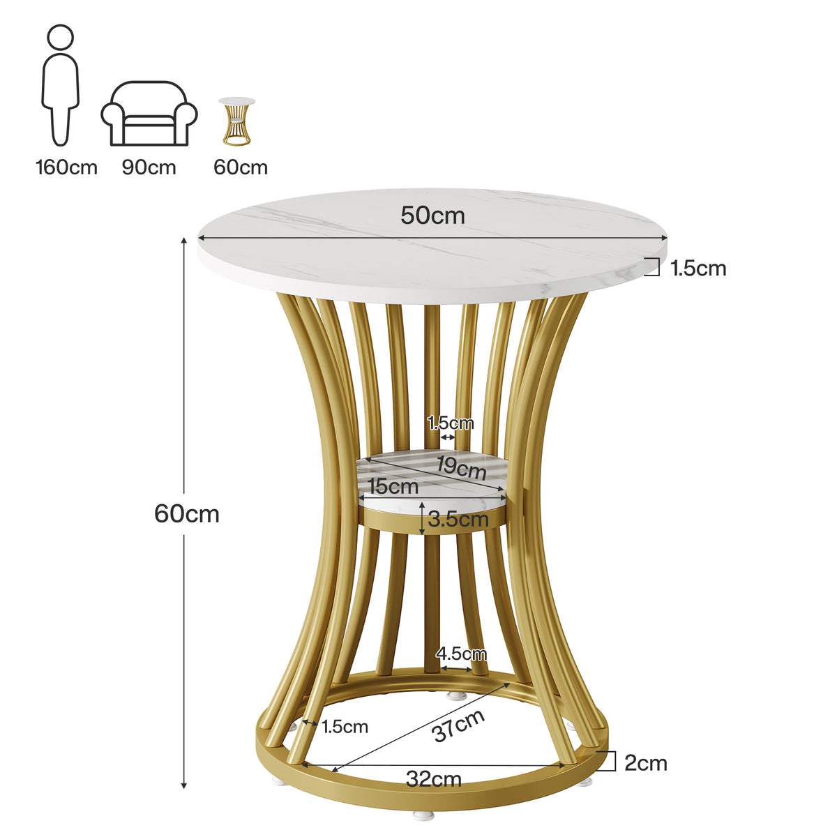 48cm Round Faux Marble End Table, 2-Tier Modern Side Table for Living Room Patio