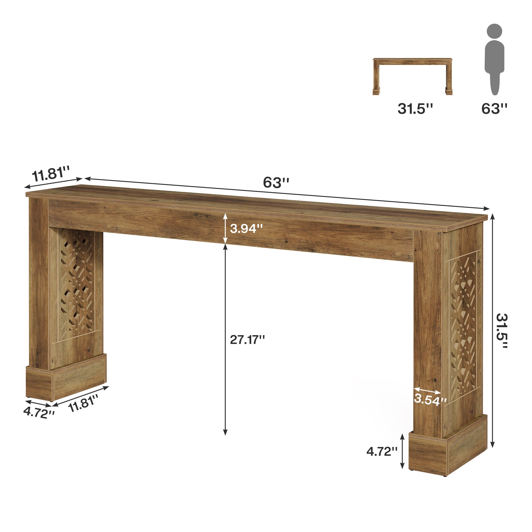 63" Console Table, Wood Sofa Table Entryway Table with Hollow Pattern Legs