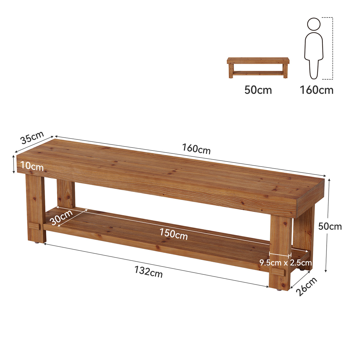160cm Entryway Bench, Rustic Solid Wood 2-Tier Shoe Bench for Hallway
