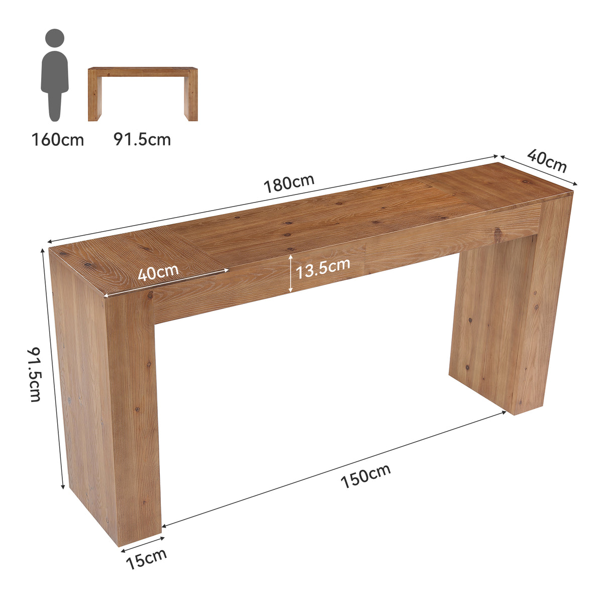 180cm Bar Table, Solid Wood Farmhouse Counter Height Table