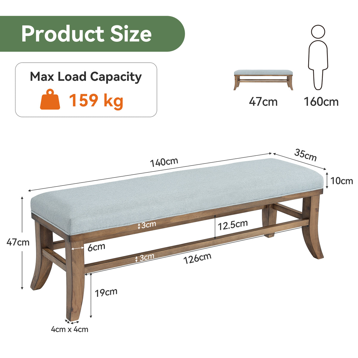 140cm Entryway Bench, Upholstered Wooden Bench with Linen Cushion & Solid Pine Frame