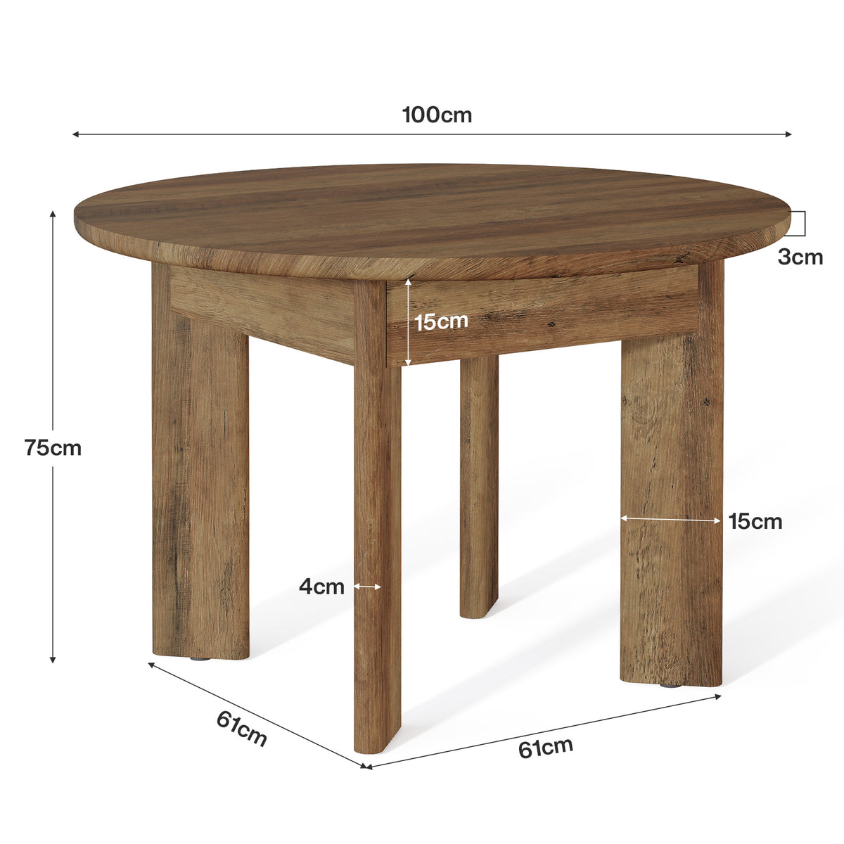 100cm Round Dining Table, 4-Seater Rustic Kitchen Table with Thick Curved Legs
