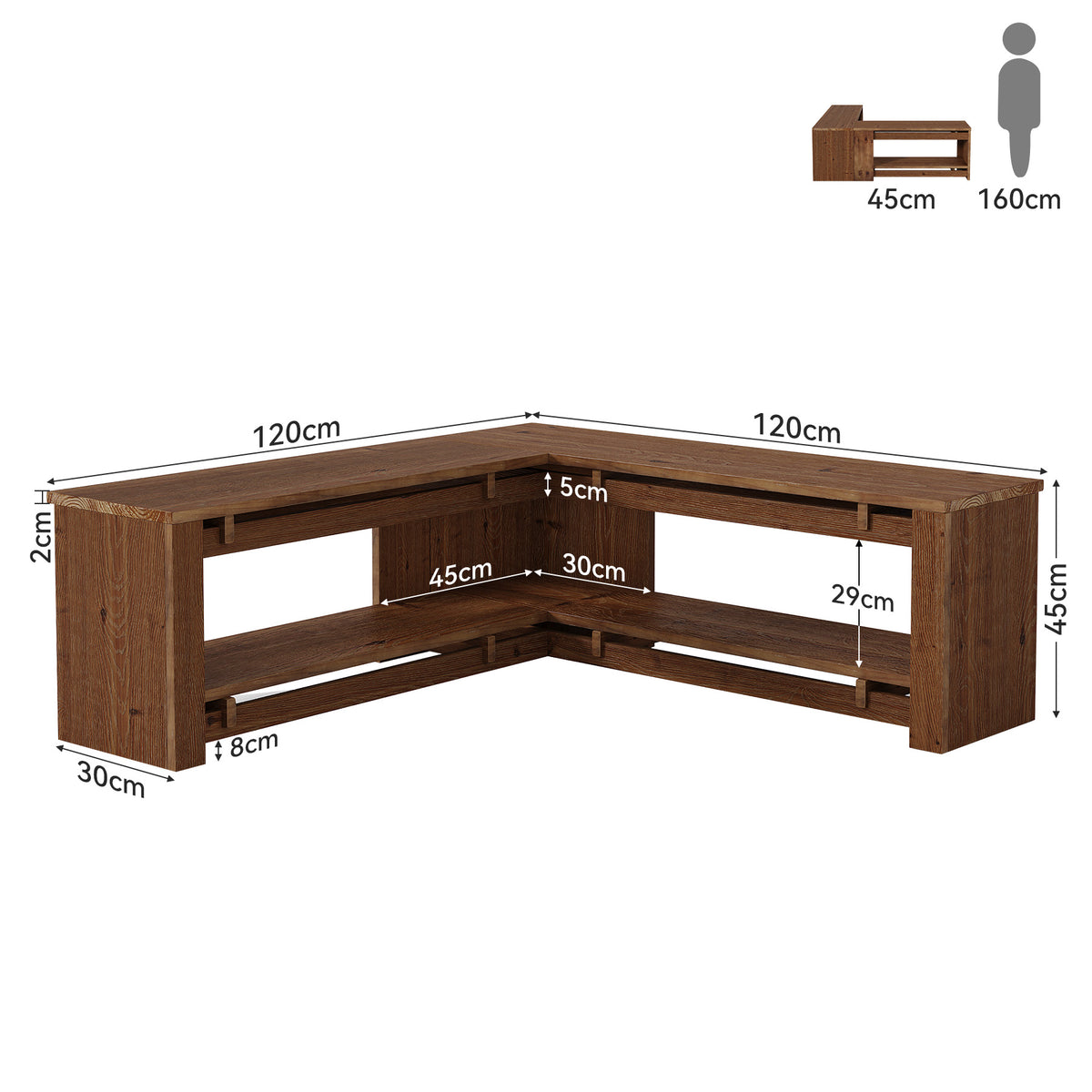 120cm L-Shaped Corner Bench, Rustic Solid Wood Shoe Storage for Entryway