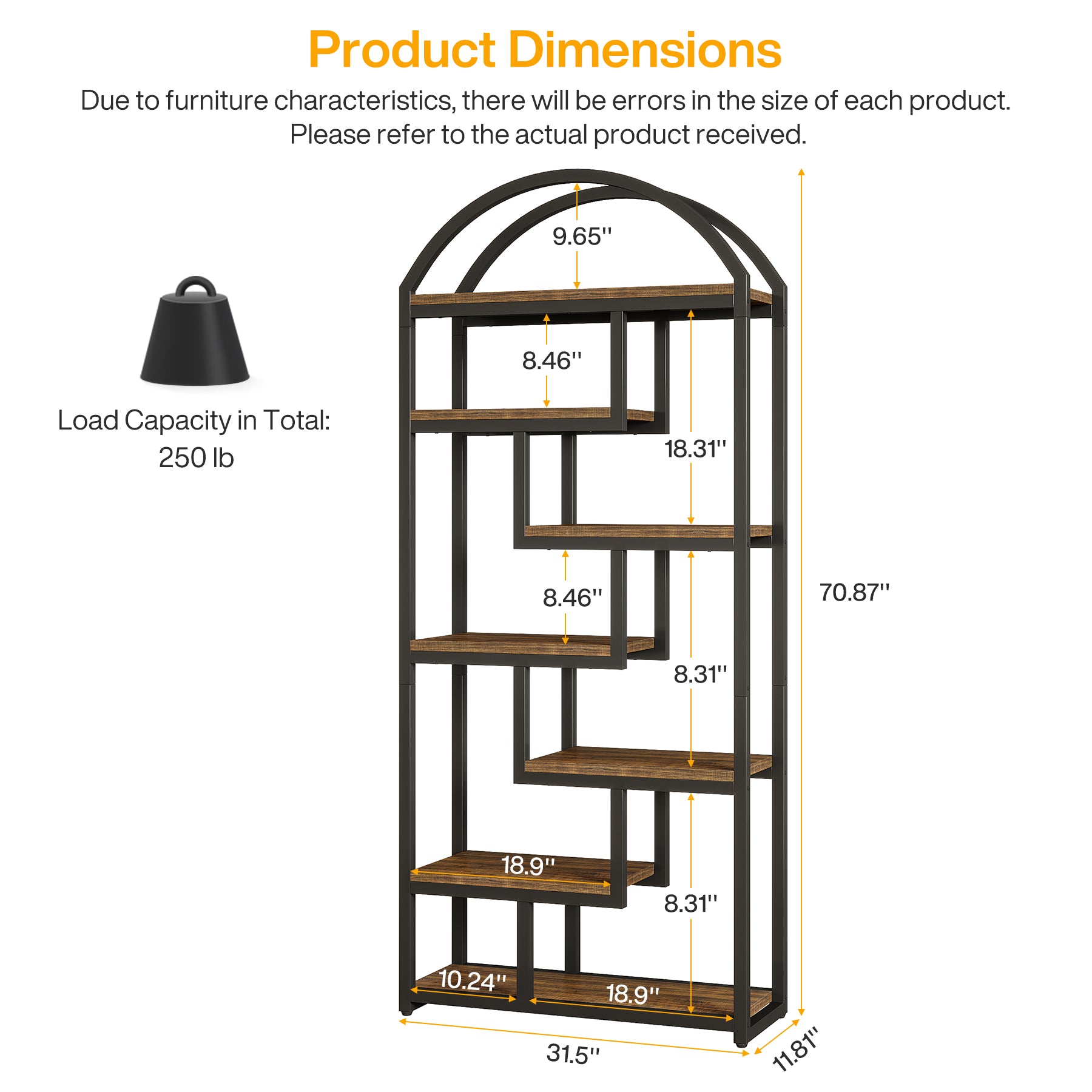 71" Industrial Bookshelf, Arched Bookcase with Open Display Shelves