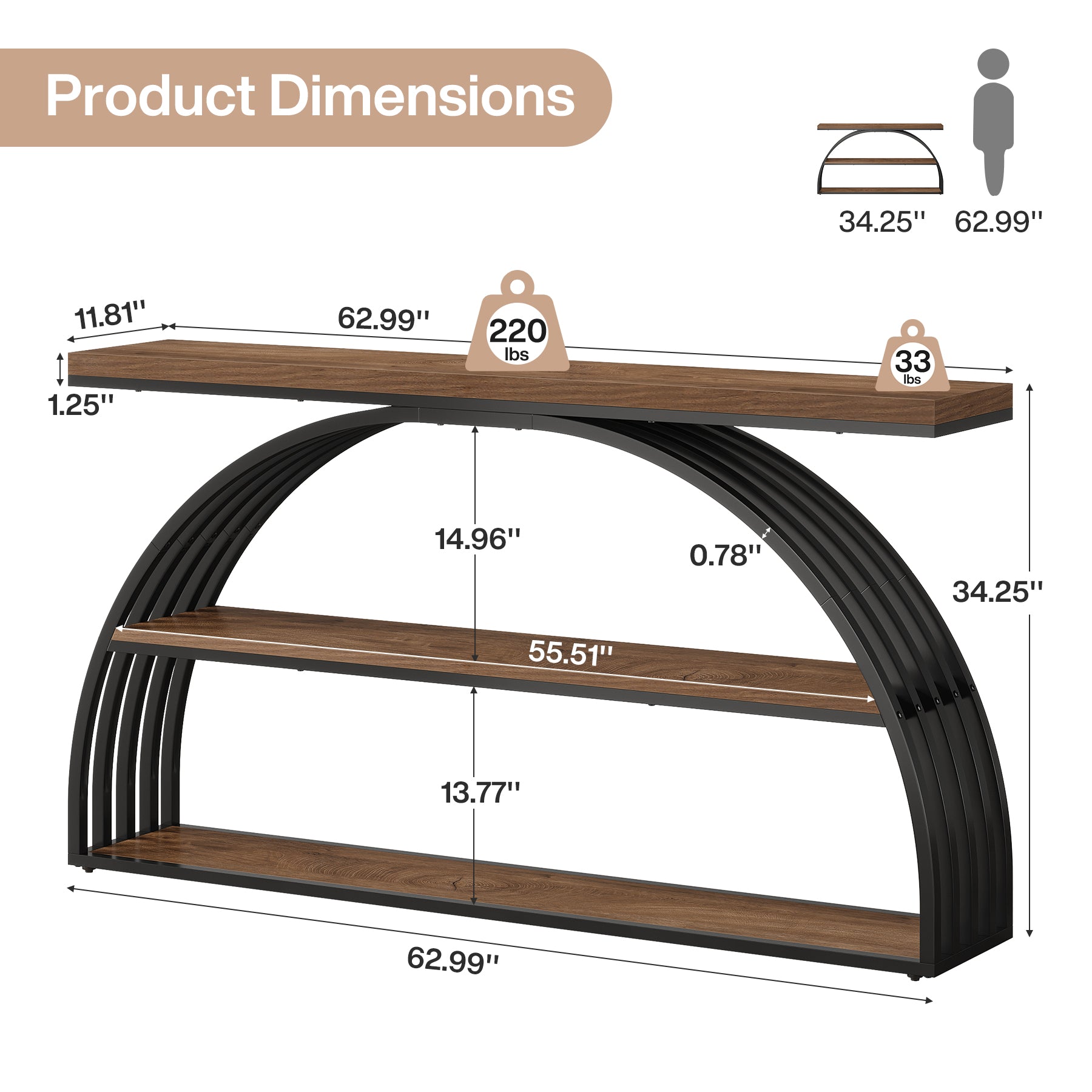 63" Console Table with 3-Tier Storage Shelves, Arched Frame Sofa Table for Living Room