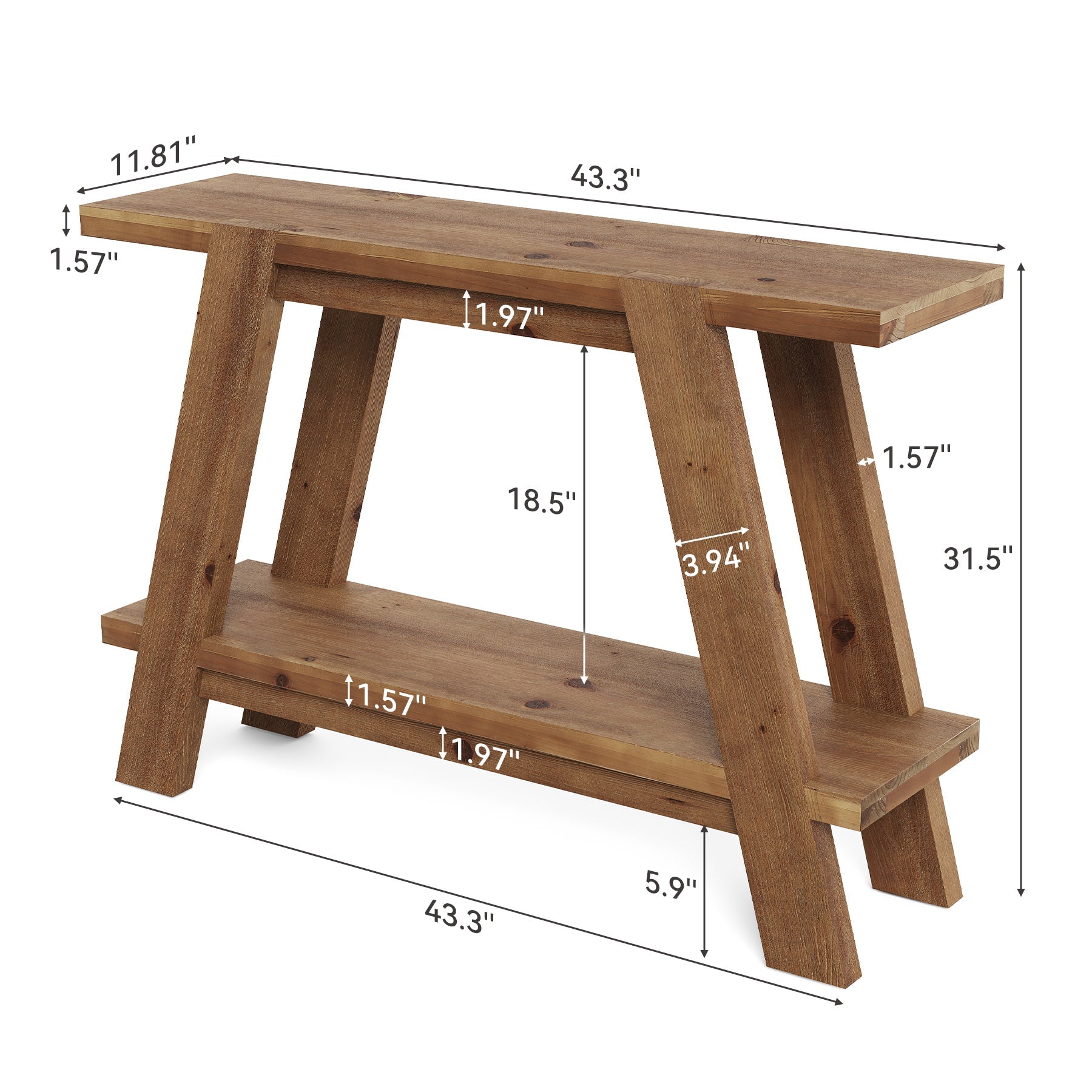 110cm Narrow Console Table, 2-Tier Solid Wood Sofa Entryway Table