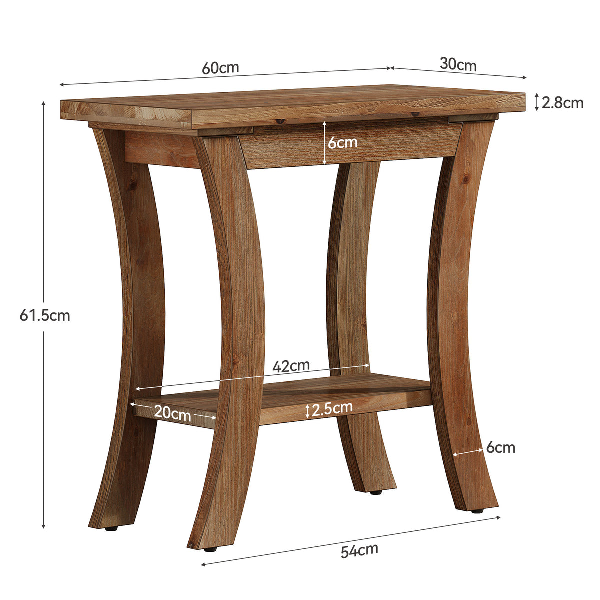 60cm Side Table, Solid Wood Farmhouse End Table with Lower Shelf