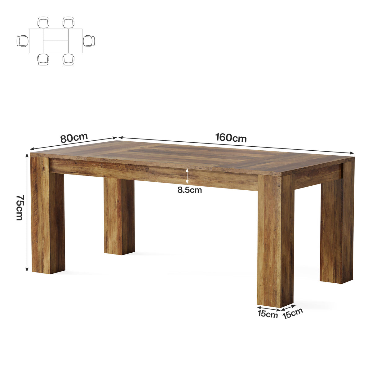 160cm Dining Table, Rustic Farmhouse Wooden Kitchen Table for 4-6