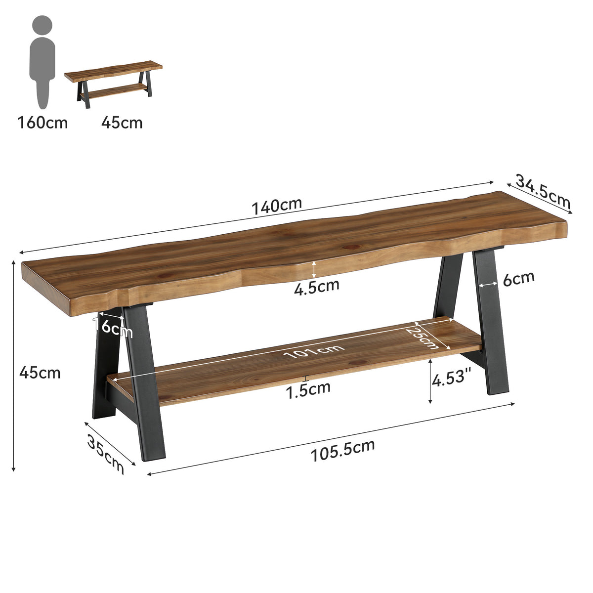 140cm Entryway Bench, Solid Wood Live Edge Storage Shelf for Hallway Mudroom