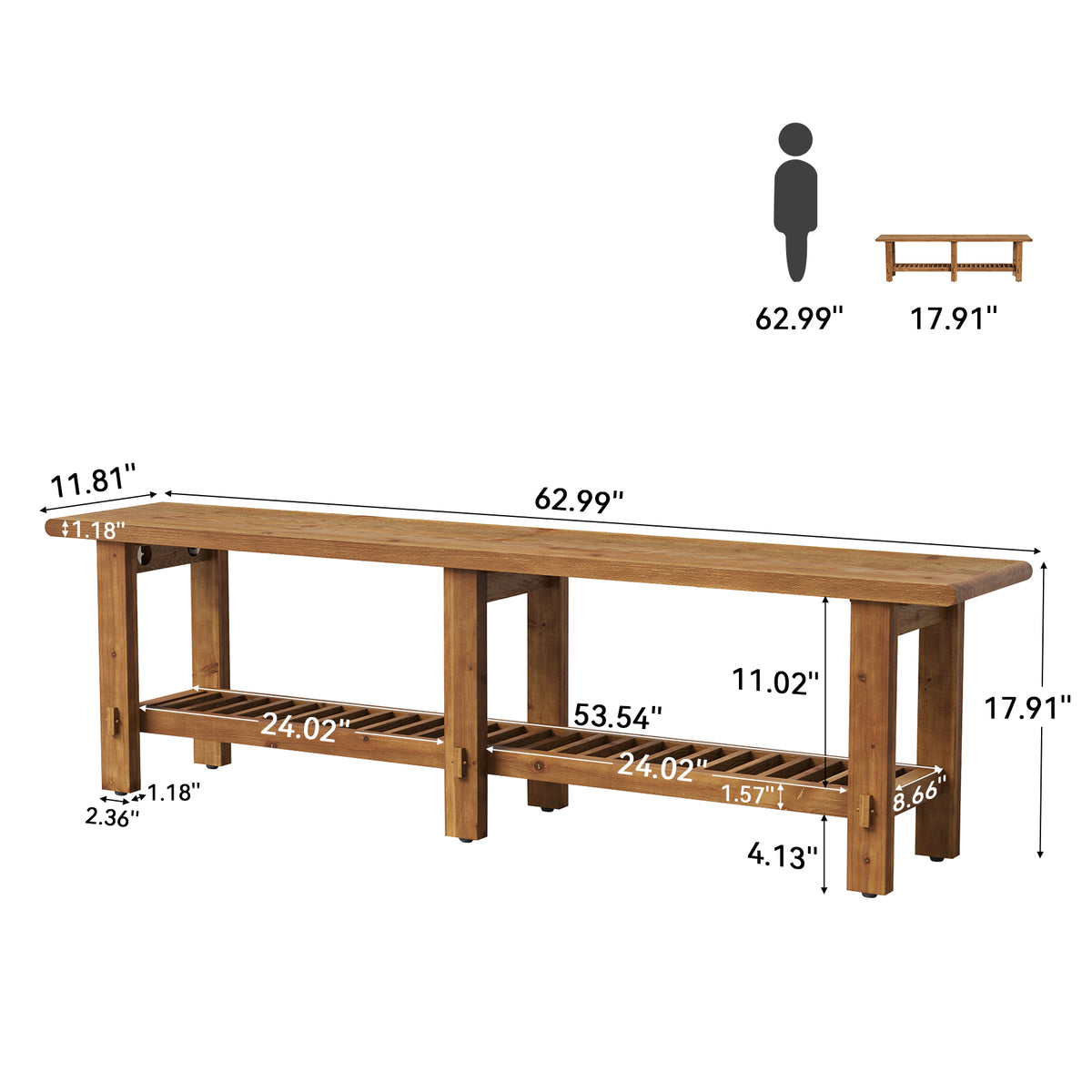 160cm Entryway Bench, Solid Wood Narrow End of Bed Bench with Shoe Storage