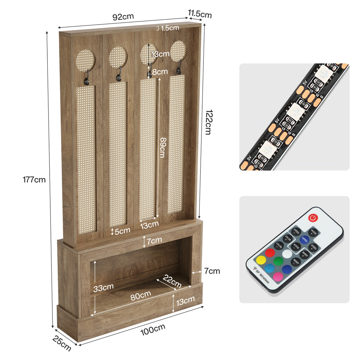 177cm Wall Room Divider, Rattan Partition with LED Light, Shelves & 4 Hooks for Living Room