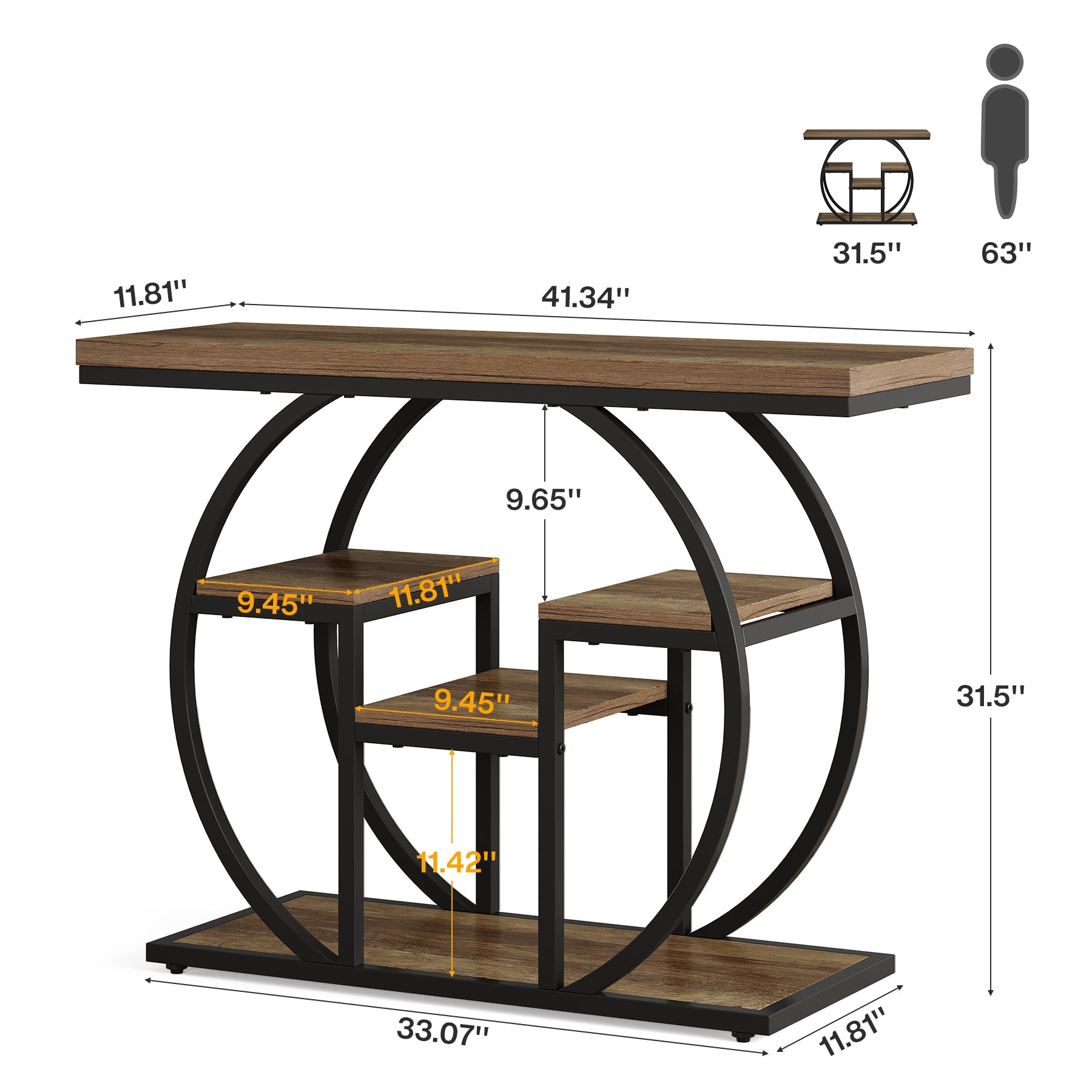 105cm Industrial Console Table, 4-Tier Sofa Table with Storage Shelves
