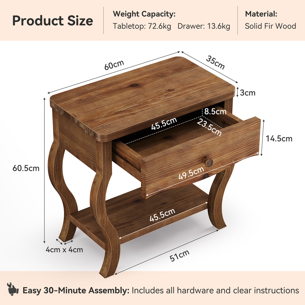 61cm End Table, Rustic Solid Wood Tall Side Table with Drawer for Living Room