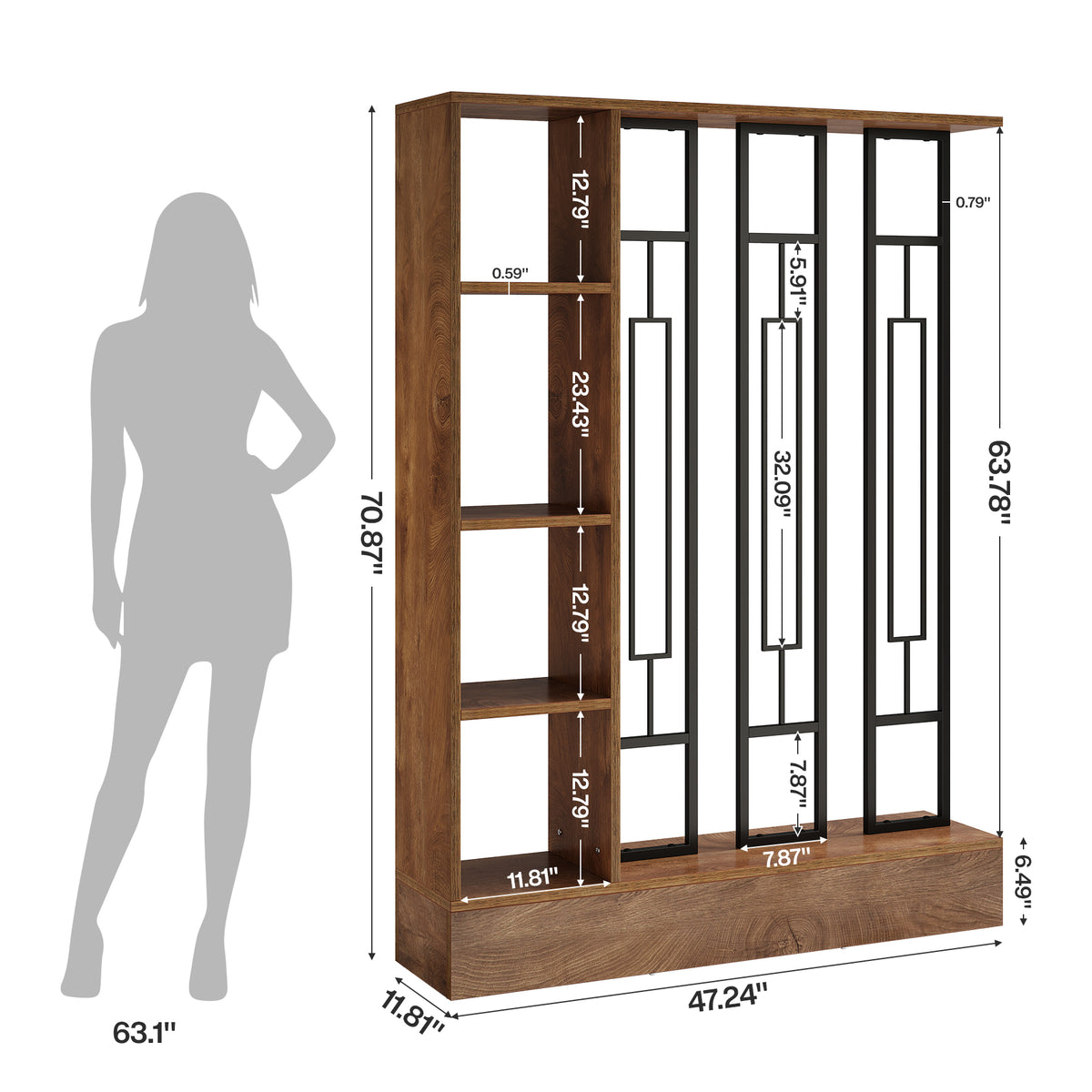180cm Room Divider, Freestanding Display Shelf with Metal Frame