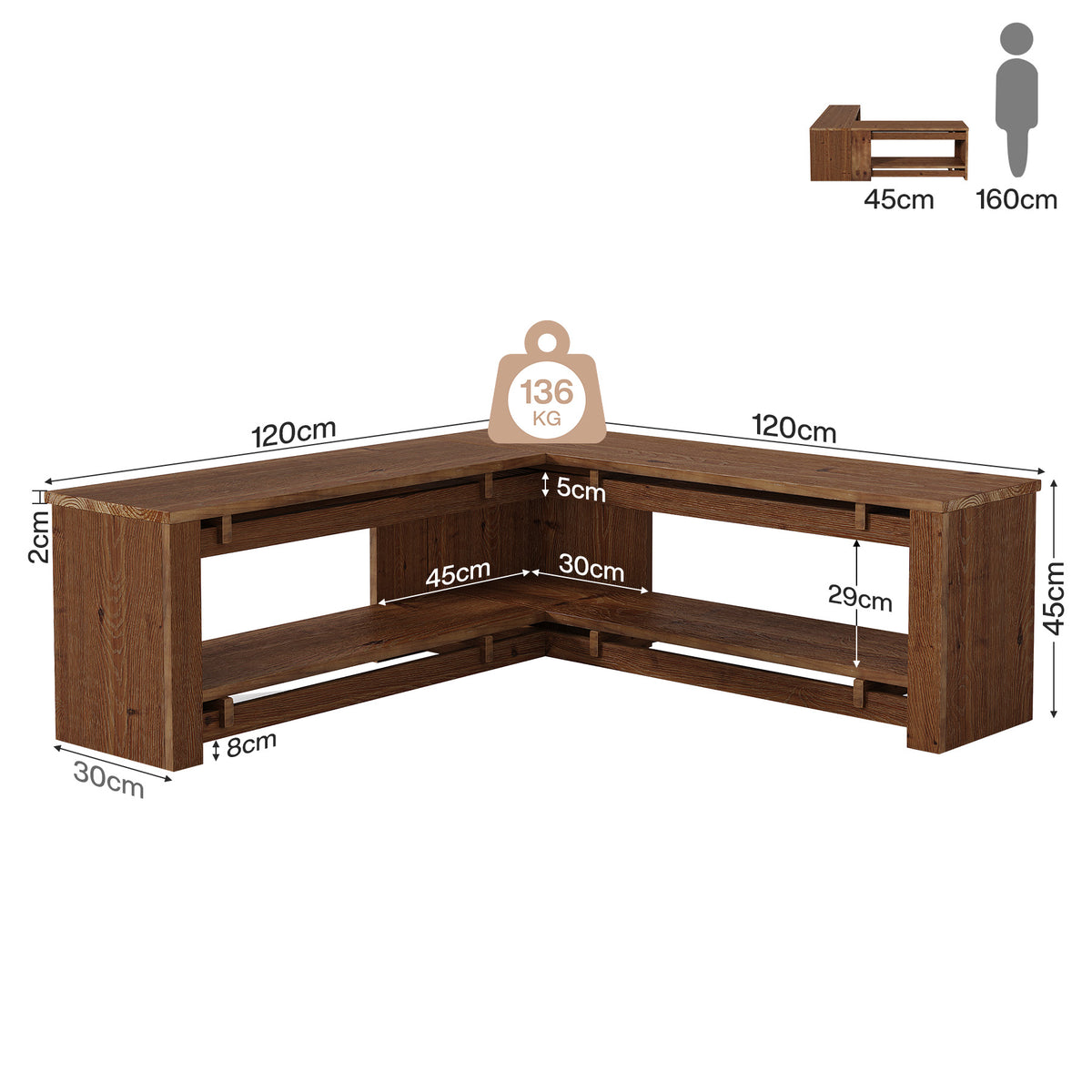120cm L-Shaped Corner Dining Bench, Rustic Solid Wood with Storage Shelf for Breakfast Nook
