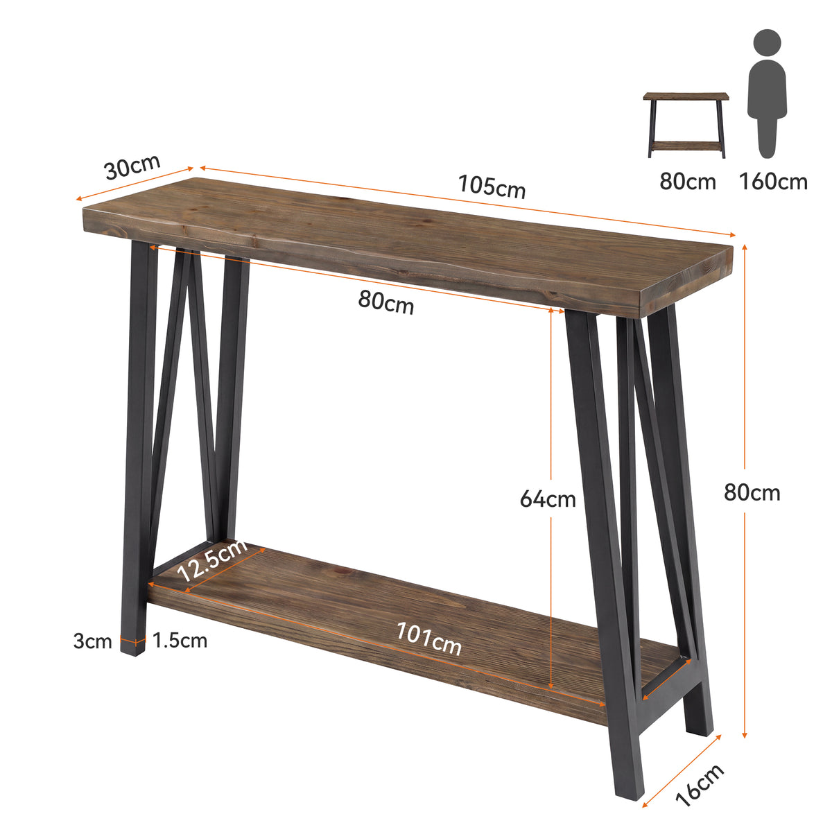160cm Console Table, Industrial 2-Tier Live Edge Wood Top & Metal Frame for Hallway