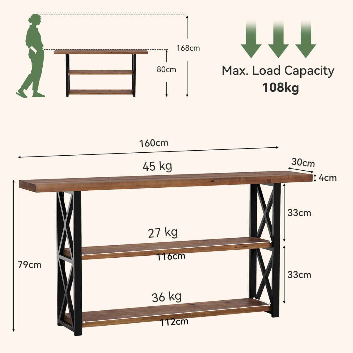 160cm Console Table, 3-Tier Solid Wood Narrow Sofa Table